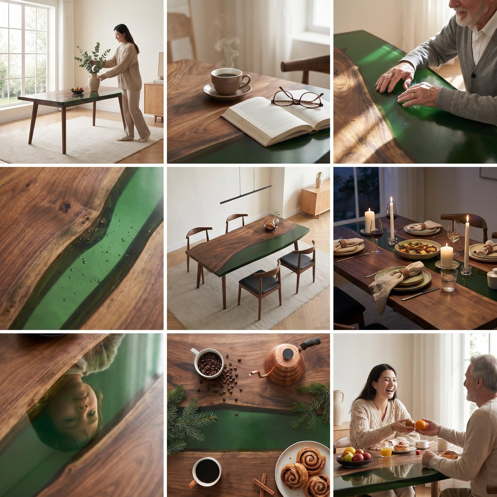 A rectangular dining table featuring a natural wood grain surface with a central, smooth, translucent green resin inlay. The table is supported by four tapered wooden legs and is shown in various settings with place settings and decor.