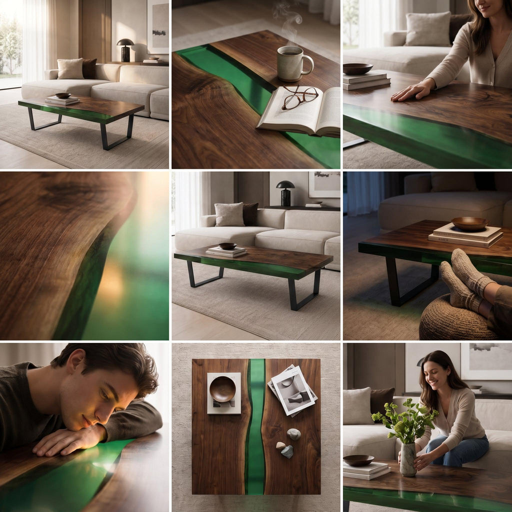 A rectangular coffee table featuring a natural live-edge dark walnut wood surface divided by a translucent emerald green resin river inlay. The table is supported by a sturdy black metal frame with angled legs, showcasing a smooth finish.