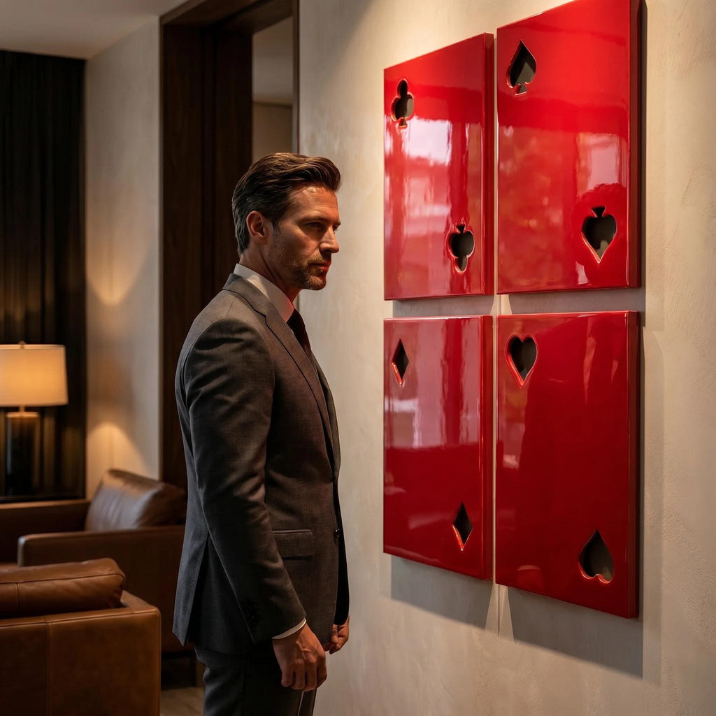 Four glossy red rectangular wall panels arranged in a square grid, each featuring a cutout shape representing a playing card suit, including clubs, spades, diamonds, and hearts, mounted on a light-colored interior wall surface.