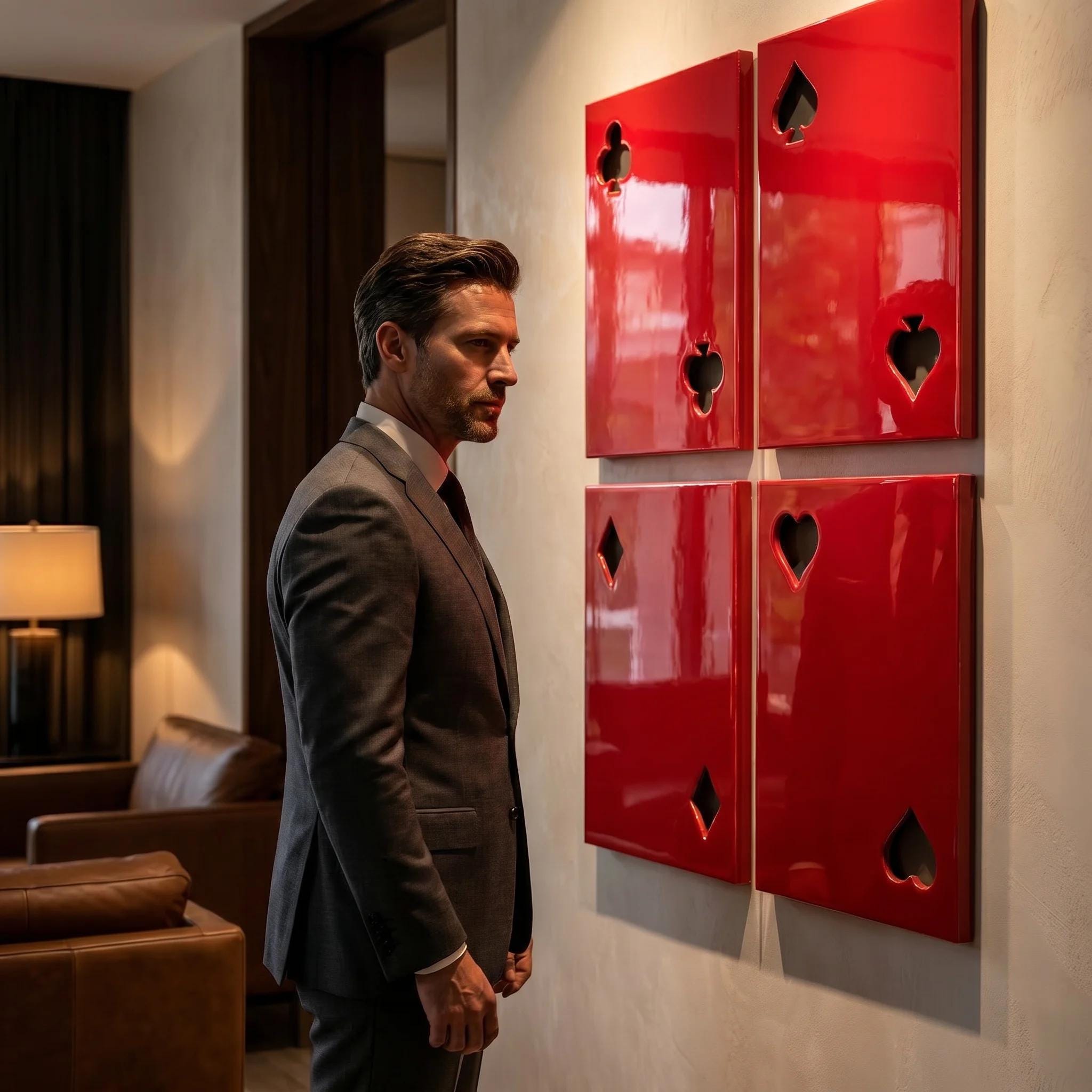 Four glossy red rectangular wall panels arranged in a square grid, each featuring a cutout shape representing a playing card suit, including clubs, spades, diamonds, and hearts, mounted on a light-colored interior wall surface.