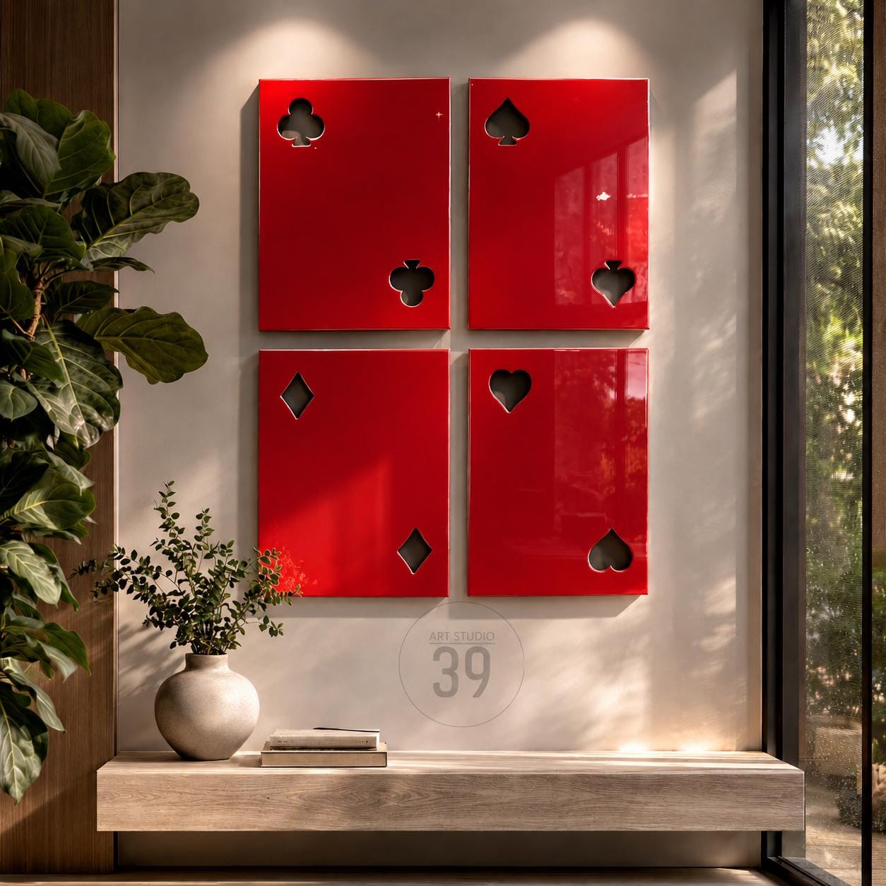 Four rectangular wall art panels in a glossy red finish, each featuring cut-out shapes representing playing card suits including clubs, spades, diamonds, and hearts. The panels are arranged in a two-by-two grid on a neutral wall.