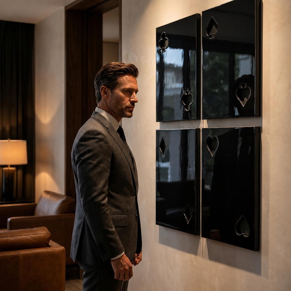 Four glossy black square wall panels arranged in a grid, each featuring a recessed cutout of a playing card suit: club, spade, diamond, and heart. The panels have a reflective surface and are mounted on a light-colored wall.