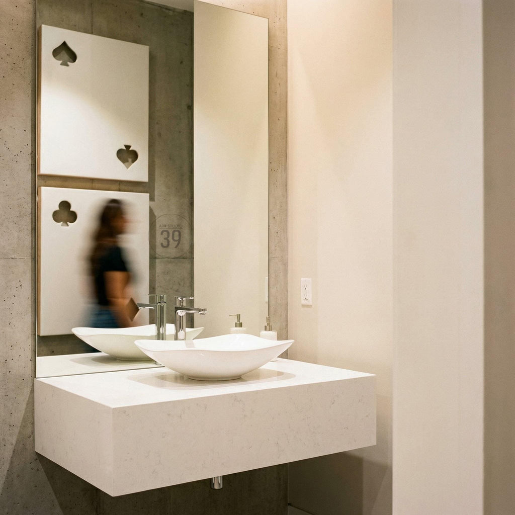 A white vessel sink sits on a floating white vanity countertop. A tall rectangular mirror above the sink reflects two white square wall panels, each featuring a cutout of a playing card suit, specifically a spade and a club.