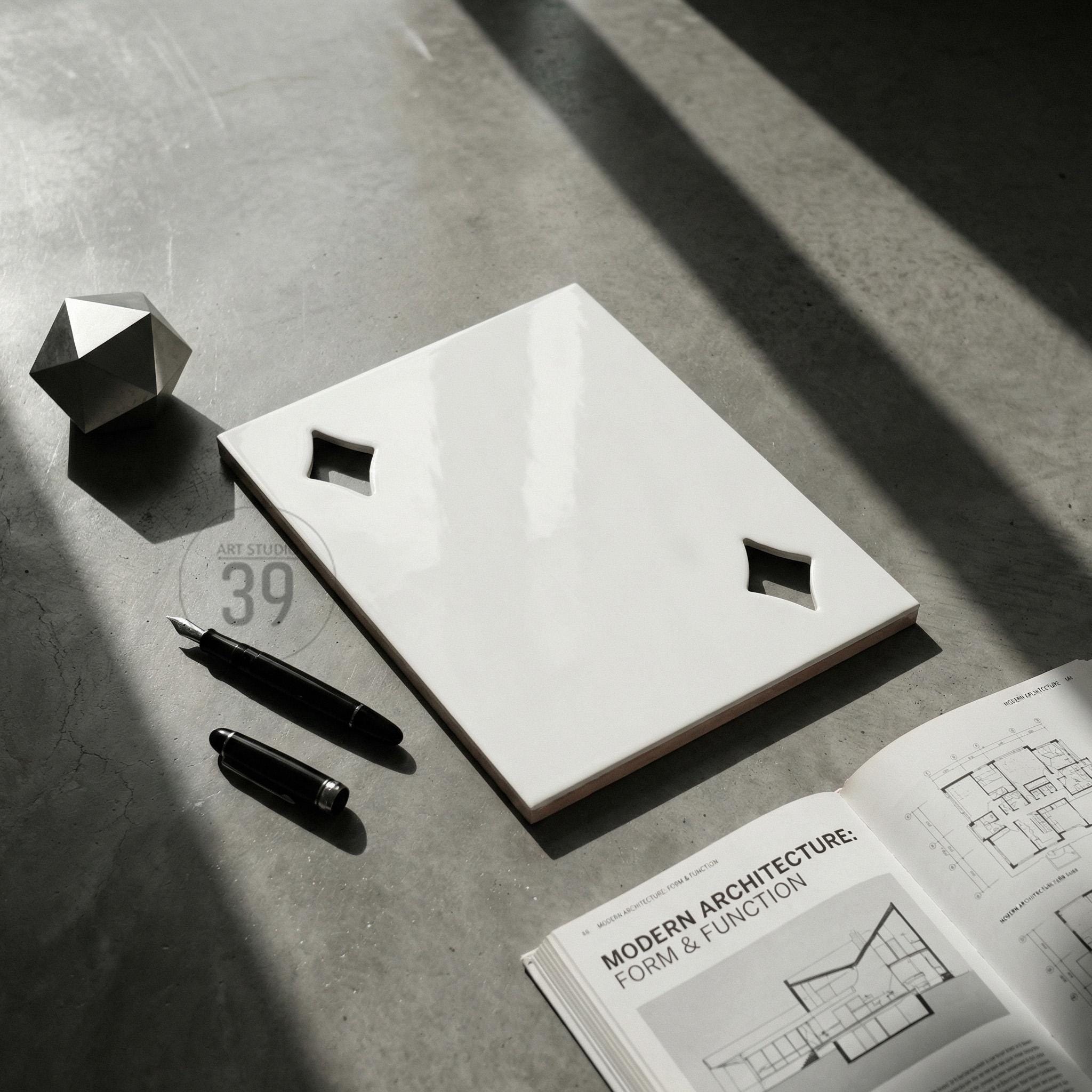 A rectangular white ceramic tile with two diamond-shaped cutouts, a black fountain pen, a black pen cap, a silver geometric polyhedral object, and an open book titled Modern Architecture: Form &amp; Function with architectural diagrams.