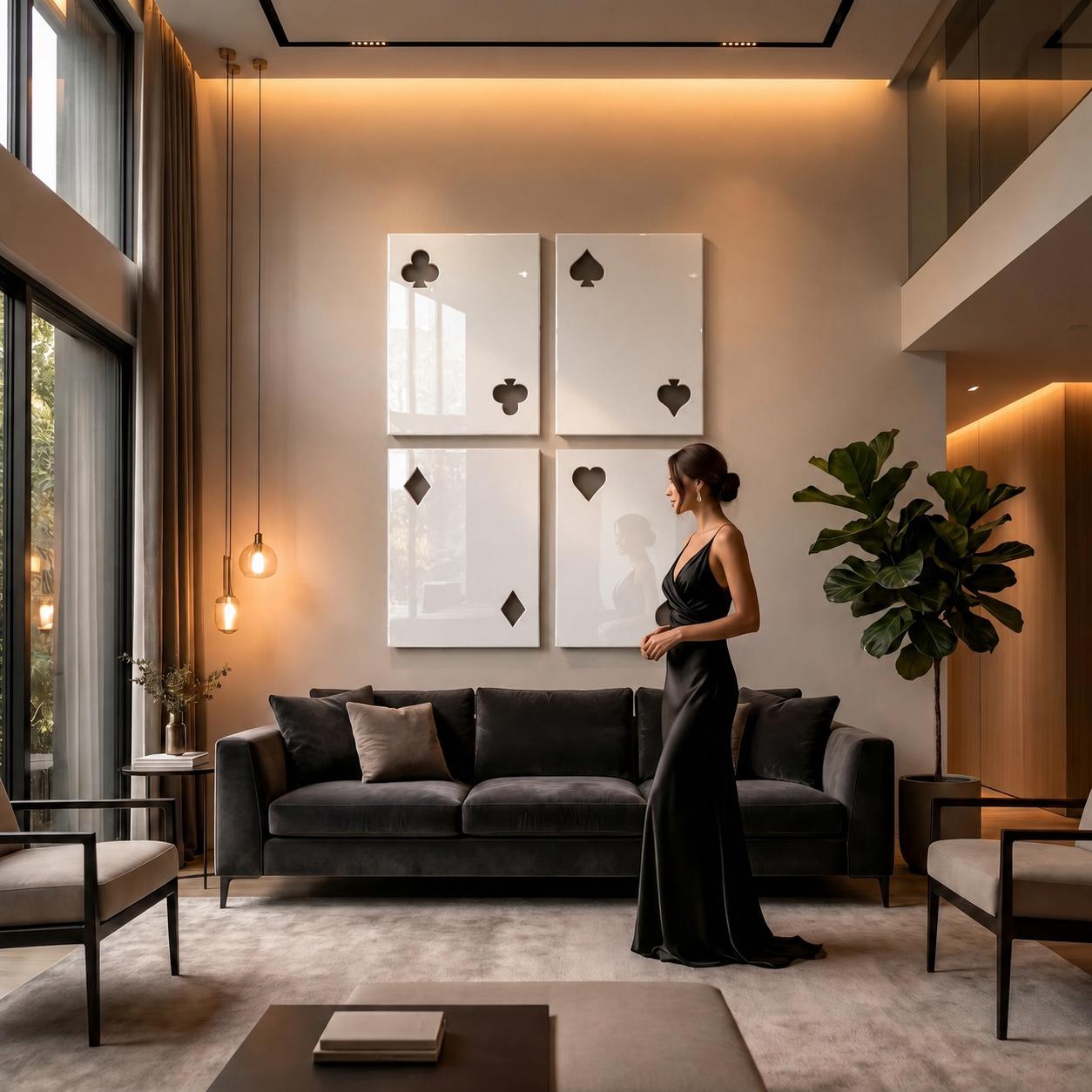 A living room featuring a dark gray velvet sofa, two armchairs, and four large white wall art panels displaying playing card suits: club, spade, diamond, and heart. A tall fiddle leaf fig plant stands in the corner near the sofa.