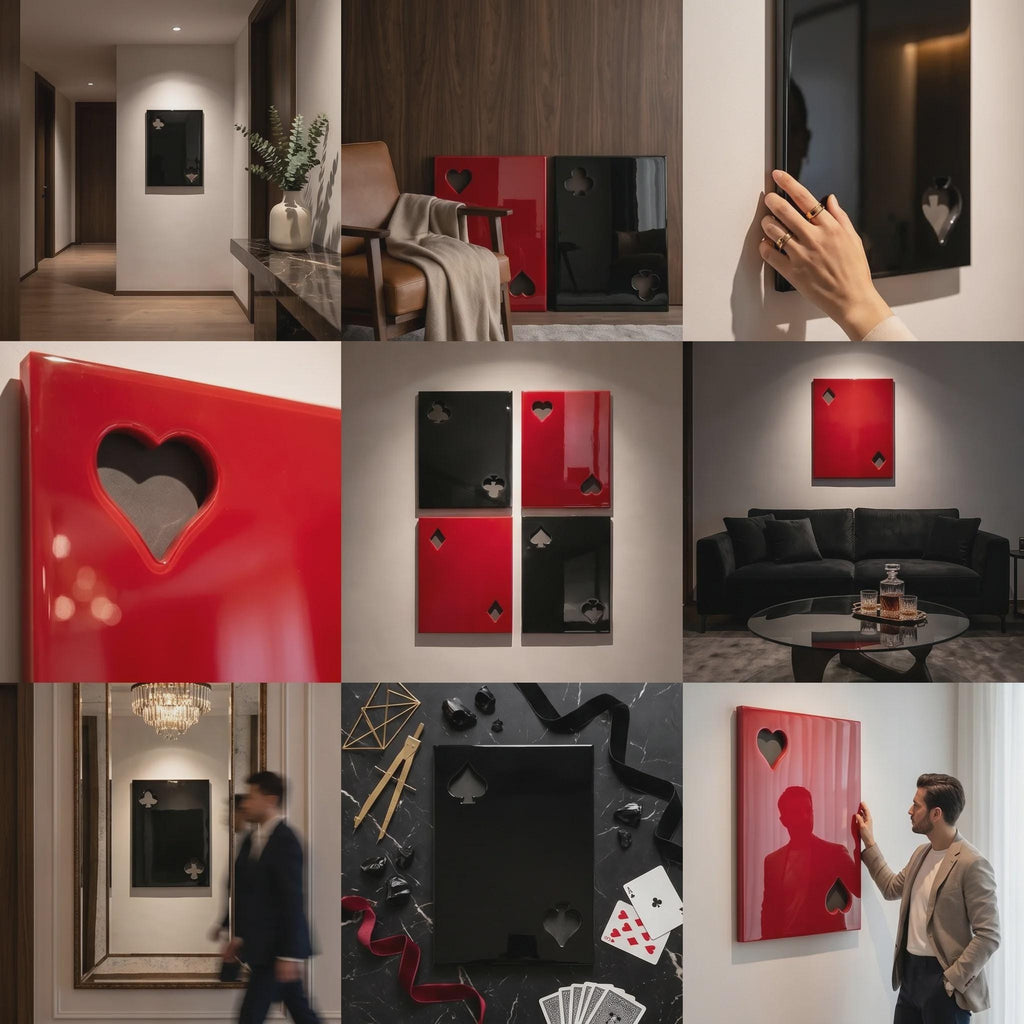 A collection of rectangular wall art panels featuring glossy red and black surfaces with cut-out shapes representing playing card suits including hearts, spades, diamonds, and clubs. These smooth, reflective panels are displayed individually or in groups on interior walls.