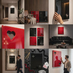 A collection of rectangular wall art panels featuring glossy red and black surfaces with cut-out shapes representing playing card suits including hearts, spades, diamonds, and clubs. These smooth, reflective panels are displayed individually or in groups on interior walls.