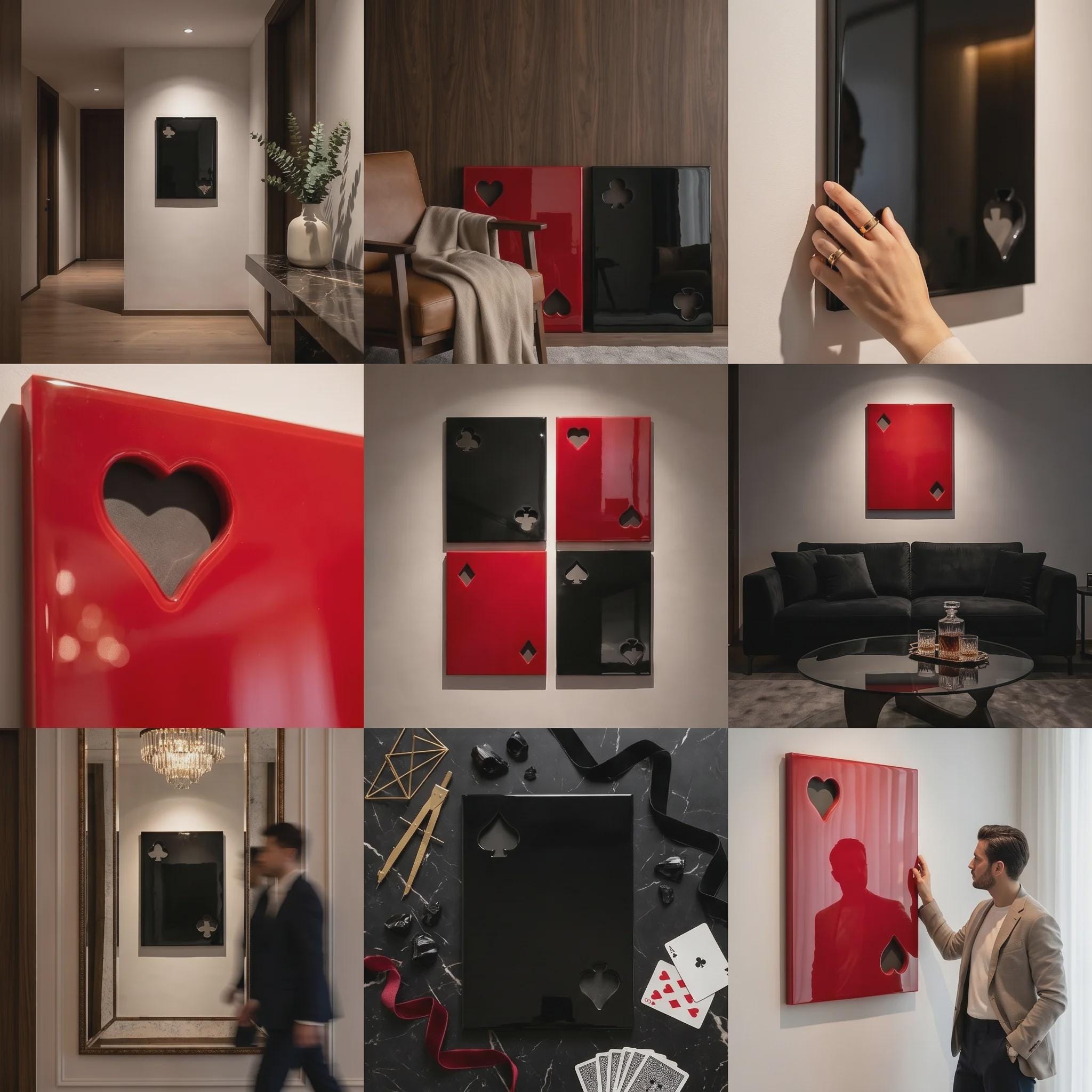 A collection of rectangular wall art panels featuring glossy red and black surfaces with cut-out shapes representing playing card suits including hearts, spades, diamonds, and clubs. These smooth, reflective panels are displayed individually or in groups on interior walls.