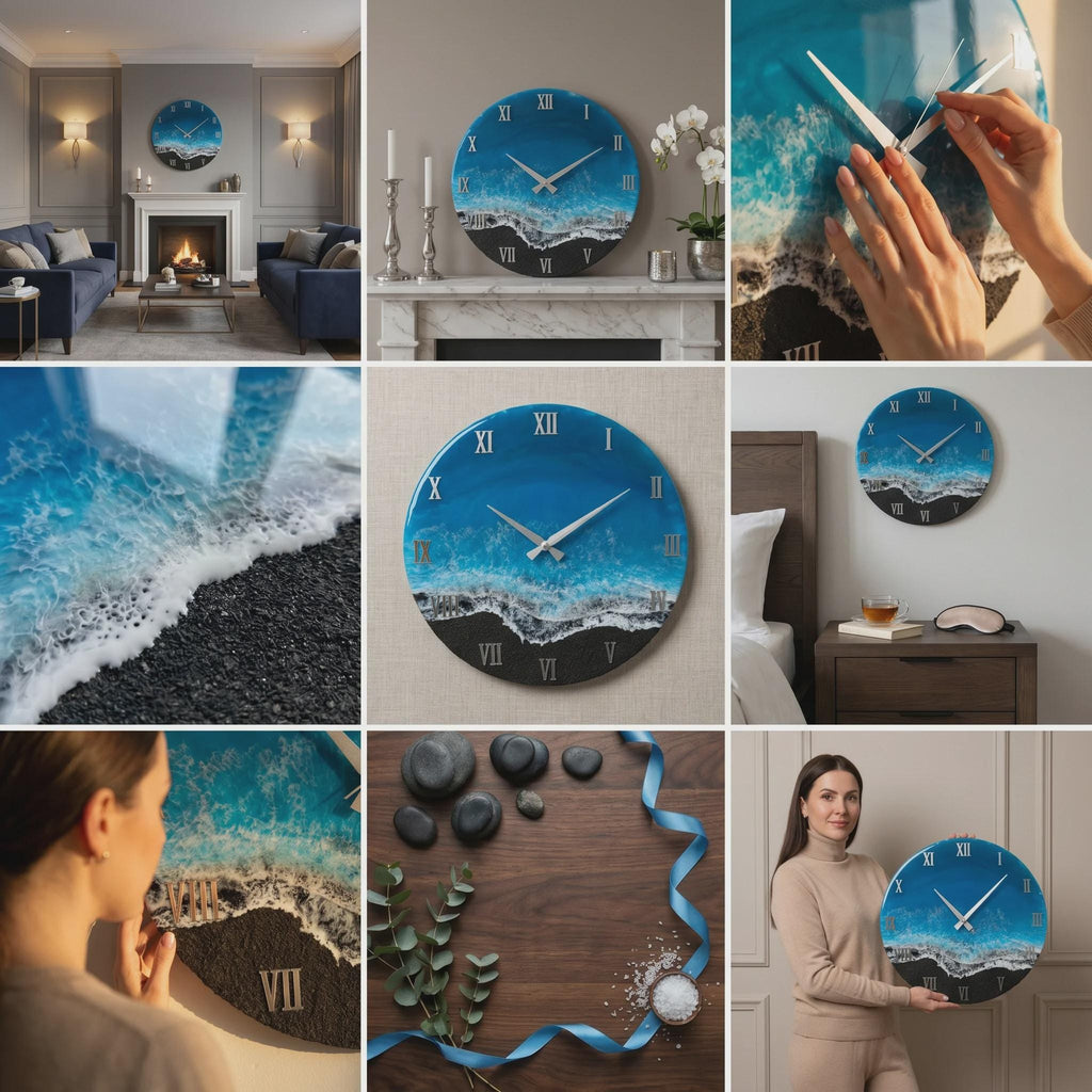 Ocean Wall Clock, Resin Beach Clock, Handmade Coastal Wall Decor, Epoxy Sea Clock, Black Sand Wall Clock, Large Modern Wall Clock