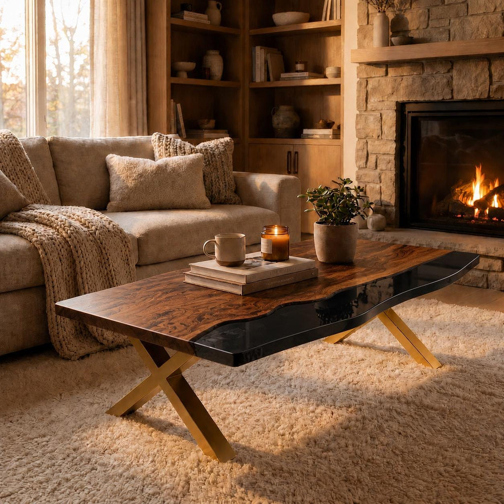A rectangular coffee table featuring a live-edge wood top with a dark resin inlay, supported by gold-colored metal X-shaped legs. The table surface holds a ceramic mug, a stack of books, a glass candle jar, and a small potted plant.
