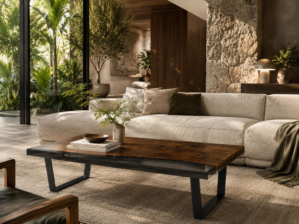 A rectangular coffee table featuring a dark brown wood grain top with a live edge, supported by black metal legs. The table surface holds a small dark bowl, a stack of two white books, and a small ceramic vase with green foliage.