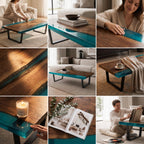 A rectangular coffee table featuring a natural wood slab with a translucent teal resin inlay running through the center, supported by black metal legs. The surface displays a rich wood grain pattern and smooth, polished edges.