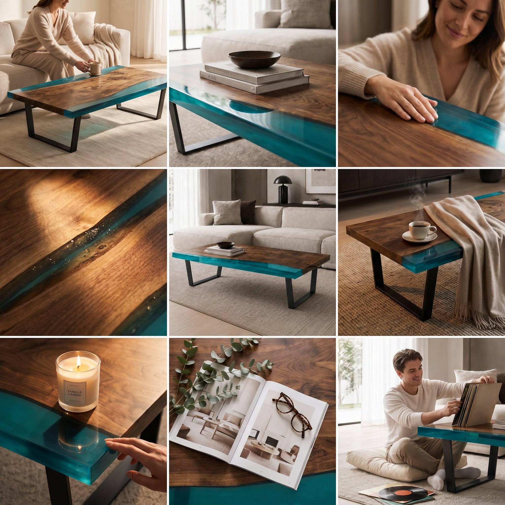 A rectangular coffee table featuring a natural wood slab with a translucent teal resin inlay running through the center, supported by black metal legs. The surface displays a rich wood grain pattern and smooth, polished edges.