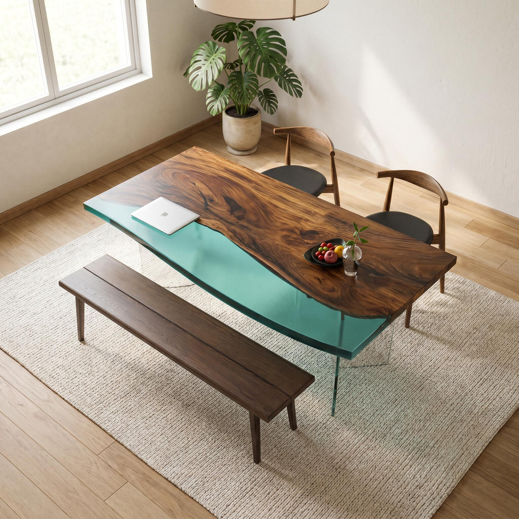 A rectangular dining table featuring a natural live-edge wood slab paired with a translucent teal resin section, supported by clear glass legs. The set includes a long wooden bench and two curved wooden chairs with black seats.