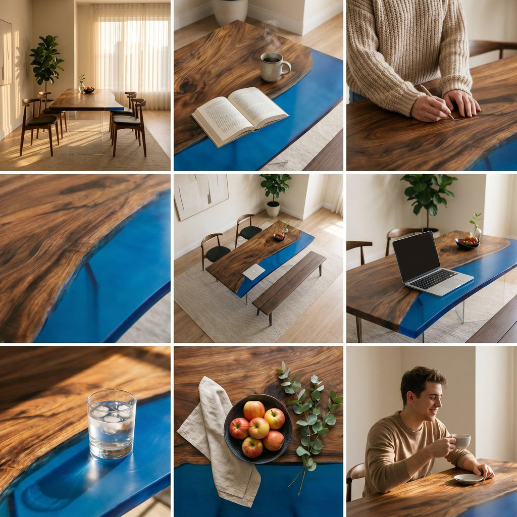 A dining table featuring a natural live-edge wood slab surface with a vibrant blue resin river inlay running through the center. The table is supported by clear acrylic legs and is paired with dark wood chairs and a matching wooden bench.