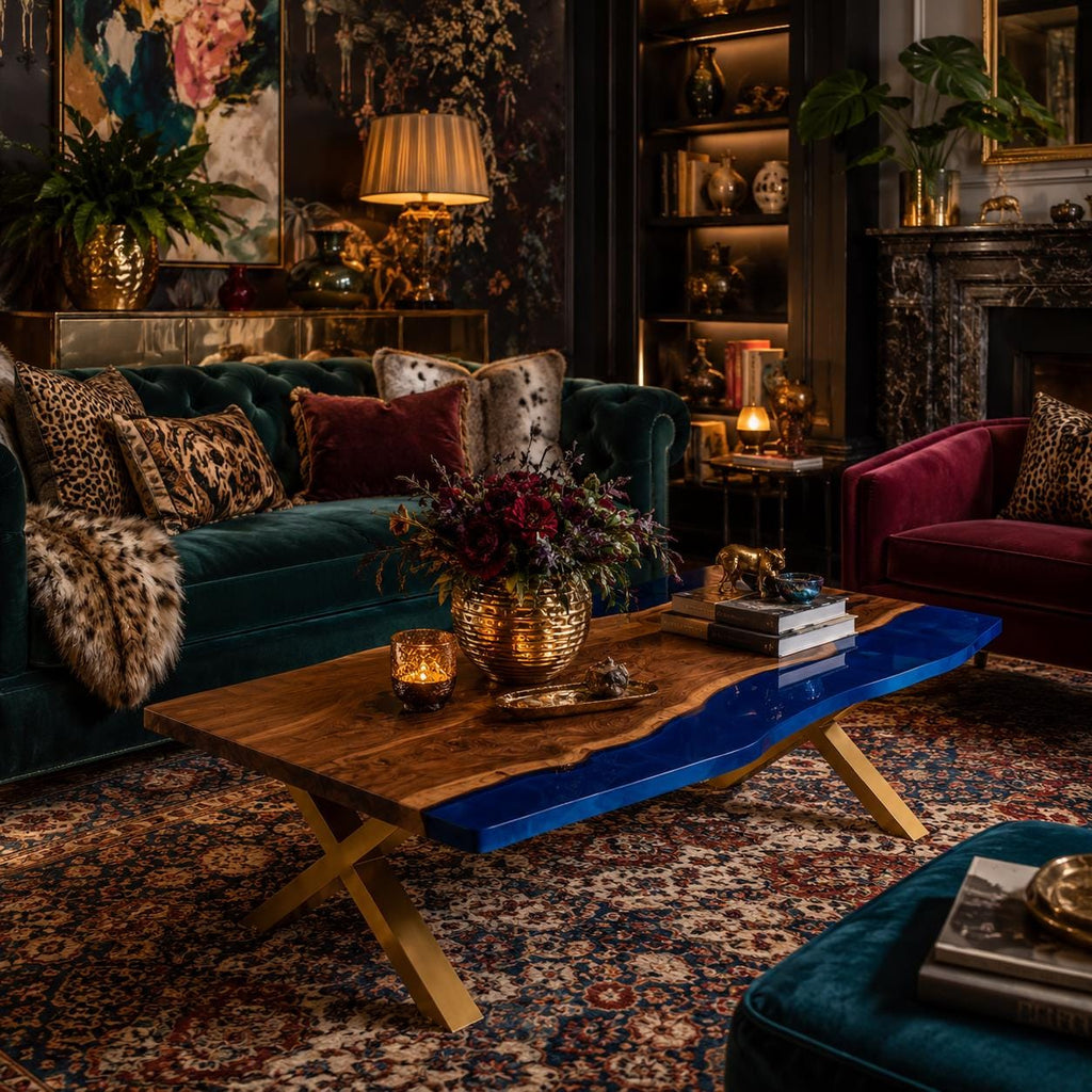 A rectangular coffee table featuring a natural wood slab with a live edge and a vibrant blue resin inlay. The table is supported by a gold-colored metal X-frame base. The surface holds a gold bowl filled with dark flowers.