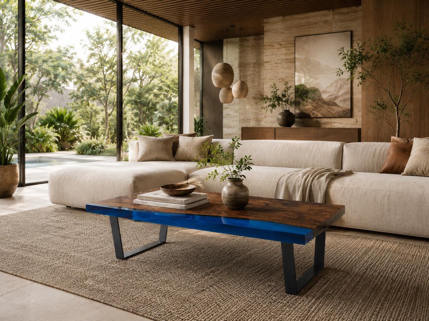 A rectangular coffee table featuring a natural wood grain surface with a vibrant blue resin inlay along the side, supported by black metal legs. The table holds a small ceramic bowl, a stack of books, and a small vase with greenery.