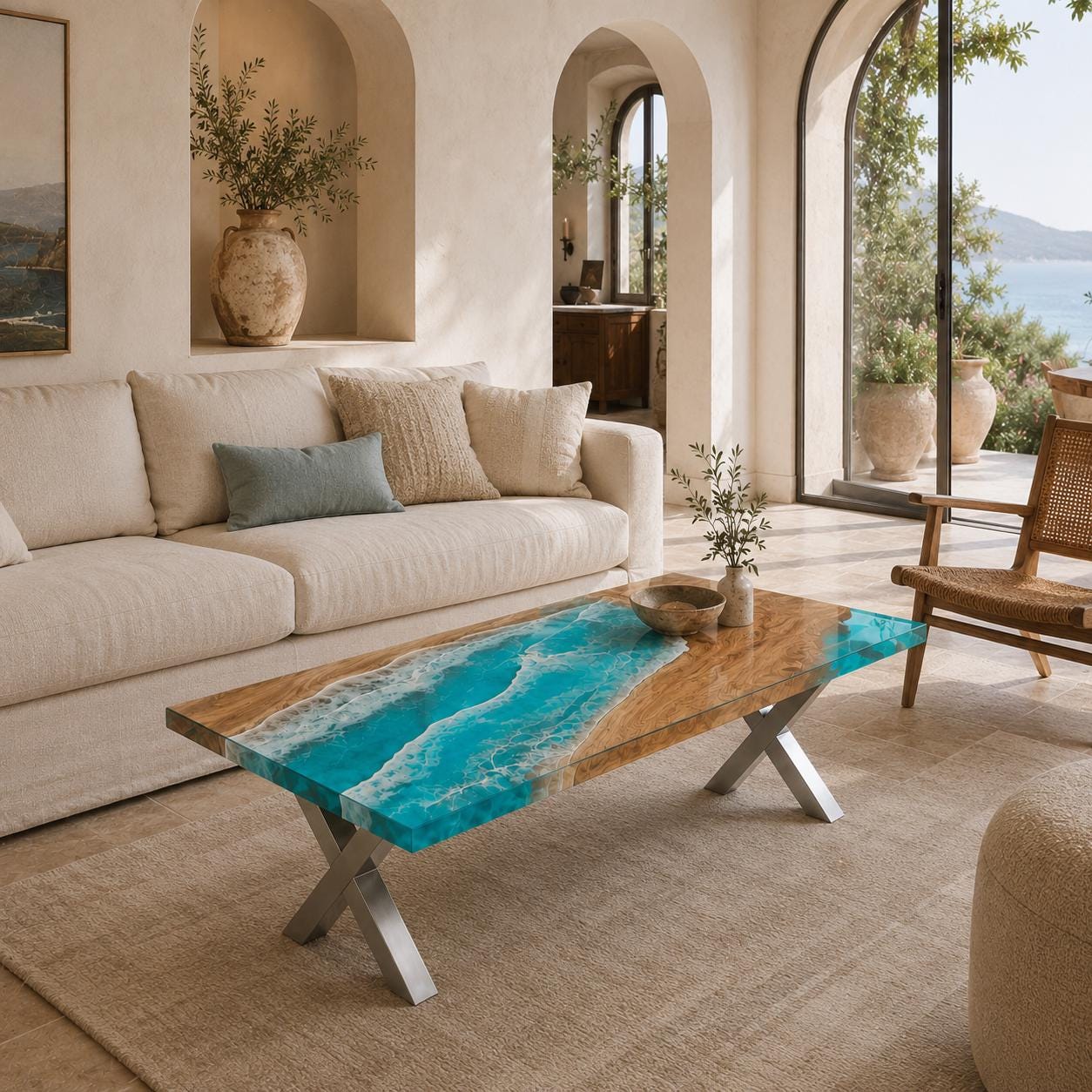 A rectangular coffee table featuring a natural wood slab surface with a central, flowing turquoise resin inlay that mimics the appearance of ocean waves. The table is supported by a silver-toned metal base with crossed legs.