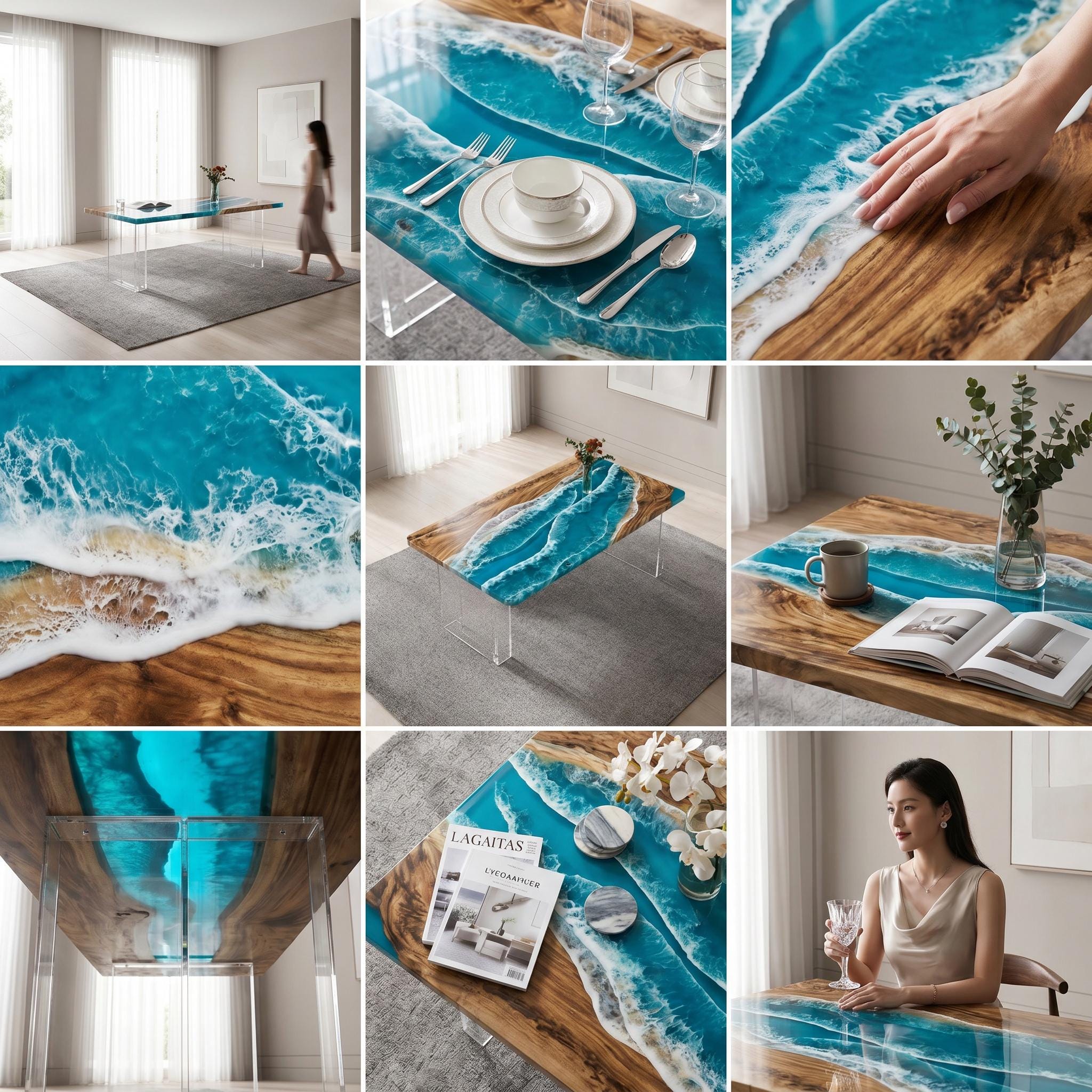 Walnut Ocean Resin Table, Epoxy River Dining Table, Custom Wood Coffee Table, Handmade Tabletop Only, Live Edge Blue Resin Furniture