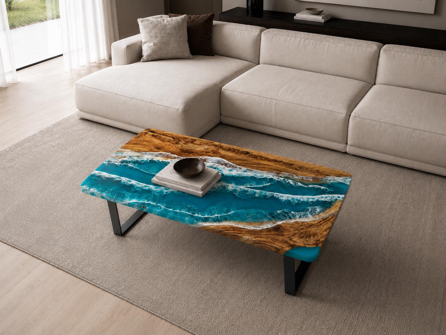 A rectangular coffee table featuring a natural wood slab with a live edge and a central resin inlay designed to resemble ocean waves with shades of turquoise, blue, and white foam. The table is supported by black metal legs.