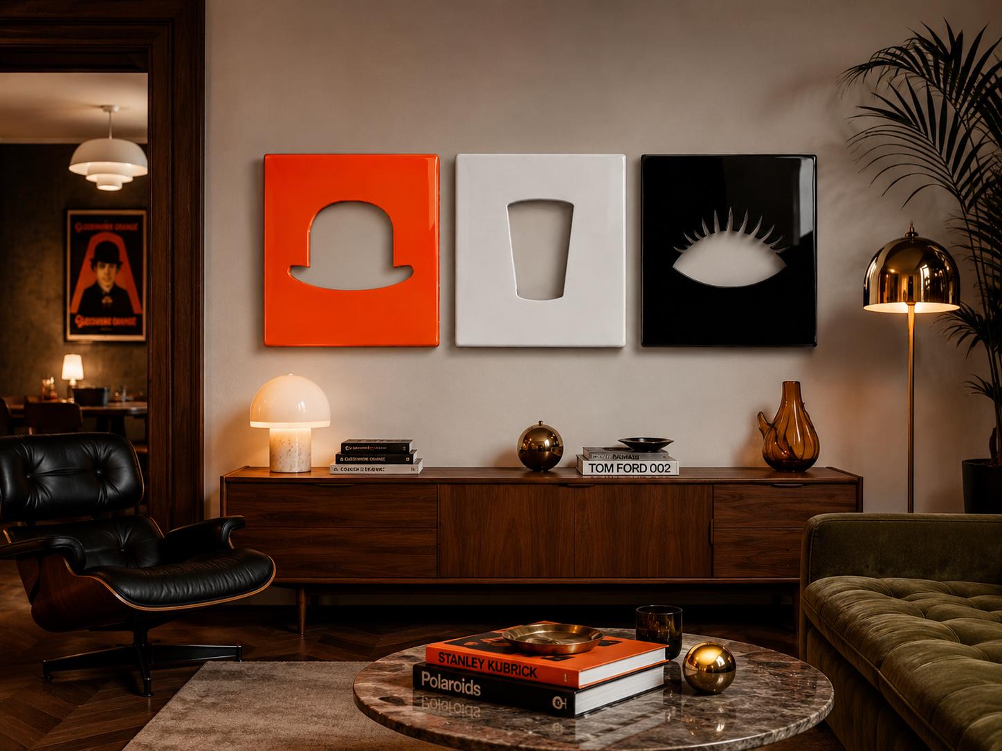 A Clockwork Orange Inspired Wall Art Set, 3 Piece Glossy Resin Panels, Orange Black White Movie Room Decor, Cult Film Wall Sculpture