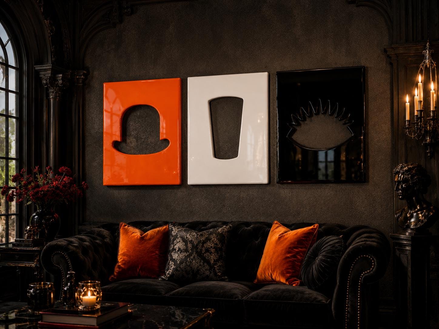 Three rectangular wall art panels featuring cutouts of a bowler hat, a glass, and an eye. The panels are finished in glossy orange, white, and black, respectively, and are mounted horizontally on a dark, textured wall above a sofa.