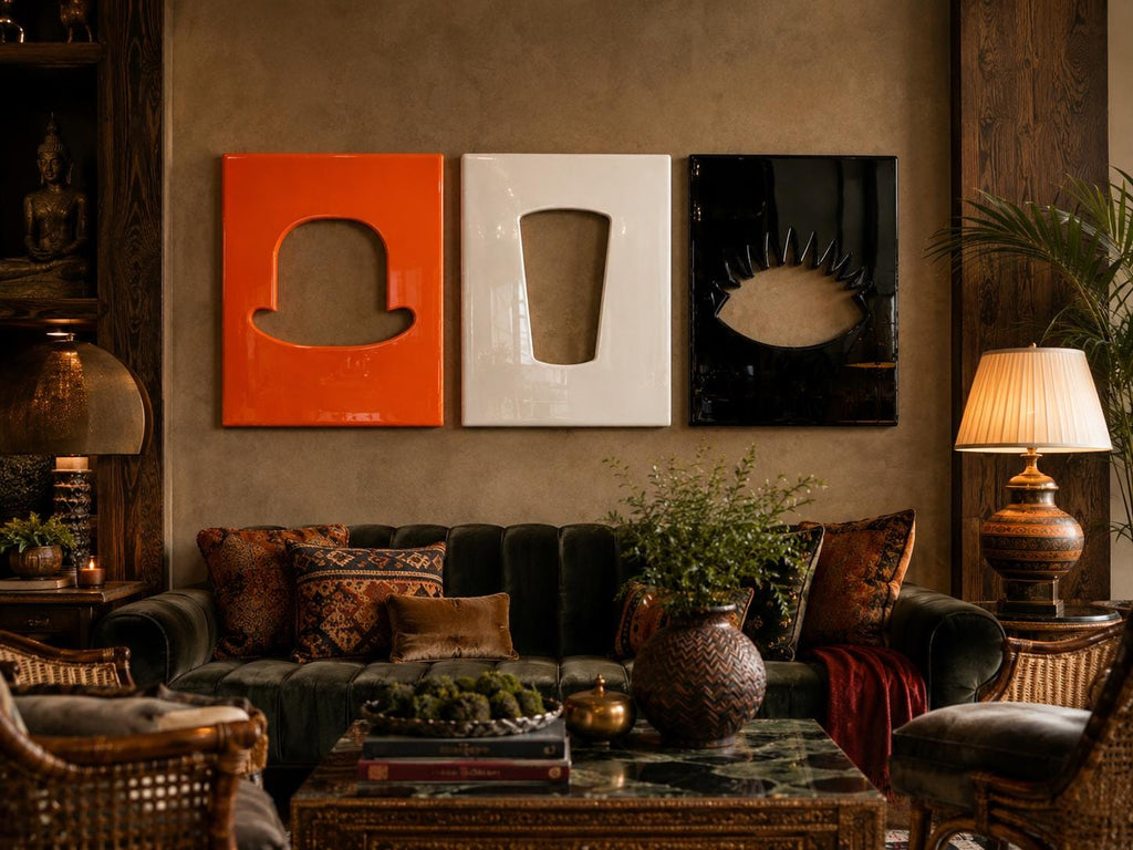 Three rectangular wall art panels featuring glossy cutouts: an orange panel with a bowler hat silhouette, a white panel with a tall glass shape, and a black panel with an eye design featuring eyelashes, displayed in a row.