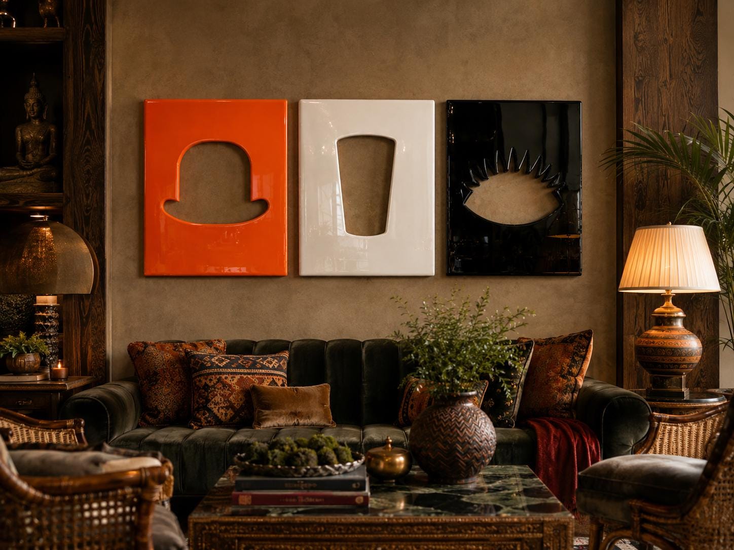 Three rectangular wall art panels featuring glossy cutouts: an orange panel with a bowler hat silhouette, a white panel with a tall glass shape, and a black panel with an eye design featuring eyelashes, displayed in a row.
