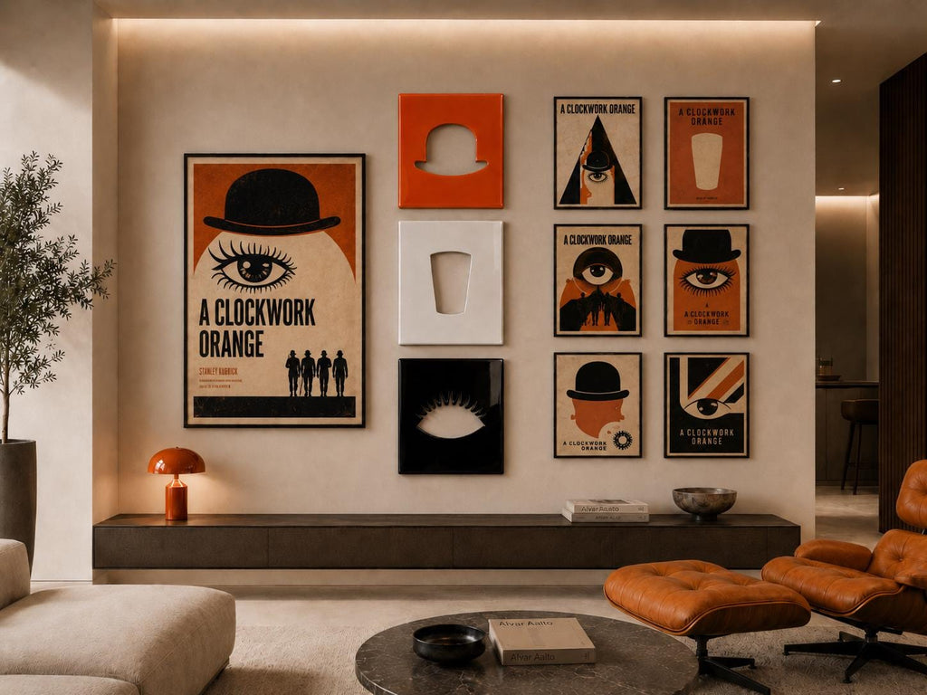 A collection of A Clockwork Orange themed wall art featuring one large vertical poster, three square panels with cutouts, and six smaller rectangular prints displaying iconic imagery like bowler hats, eyes, and glasses.