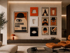 A collection of A Clockwork Orange themed wall art featuring one large vertical poster, three square panels with cutouts, and six smaller rectangular prints displaying iconic imagery like bowler hats, eyes, and glasses.