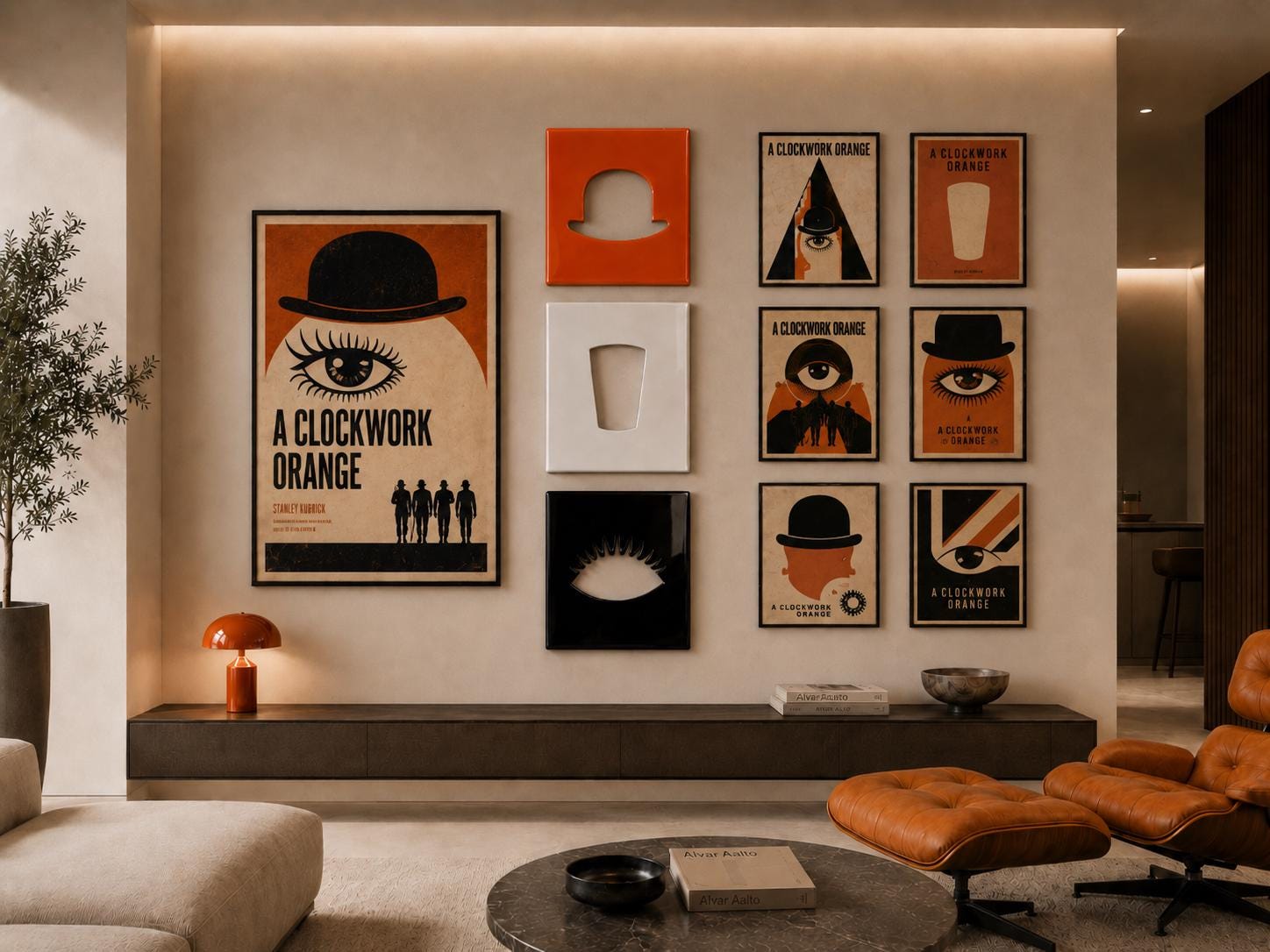 A collection of A Clockwork Orange themed wall art featuring one large vertical poster, three square panels with cutouts, and six smaller rectangular prints displaying iconic imagery like bowler hats, eyes, and glasses.