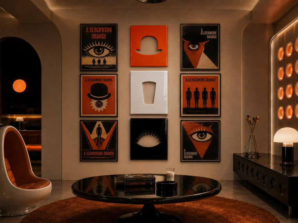 A wall display featuring six framed A Clockwork Orange posters arranged in two columns, flanking a central vertical row of three square panels depicting a bowler hat, a glass, and an eye in orange, white, and black colors.