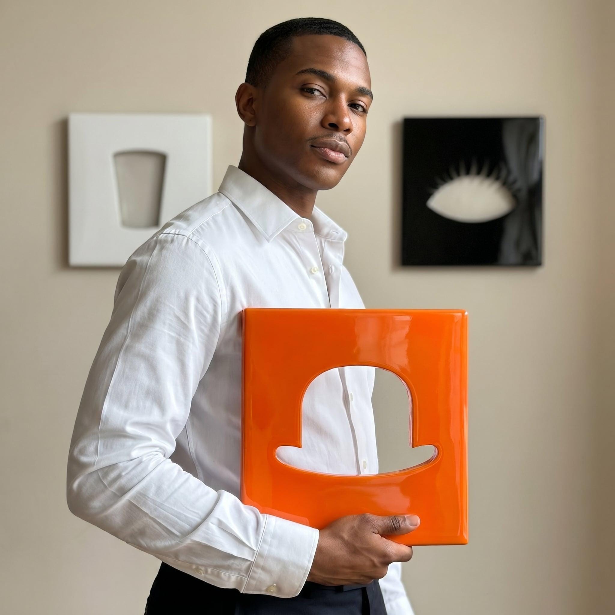 A bright orange square plaque featuring a central cutout in the shape of a bowler hat. The object has a smooth, glossy finish and is held in front of a white button-down shirt. The design is simple, geometric, and bold in color.