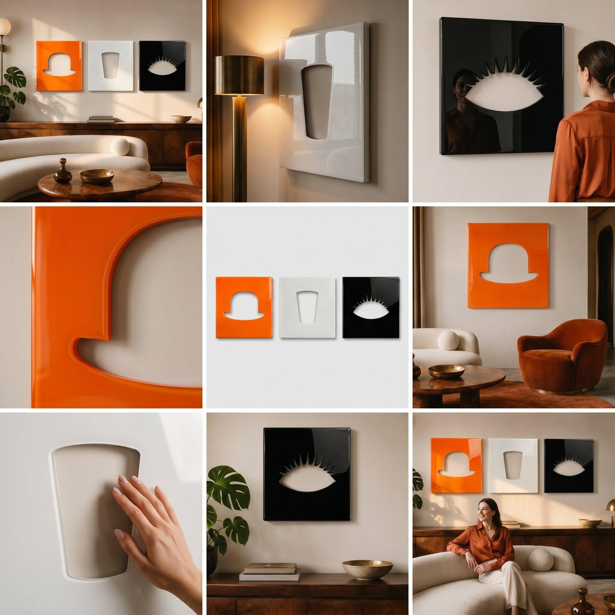 A set of three square wall art panels featuring glossy finishes. One panel is orange with a cutout of a bowler hat, one is white with a trapezoidal cutout, and one is black with a cutout of an eye with long, pointed eyelashes.