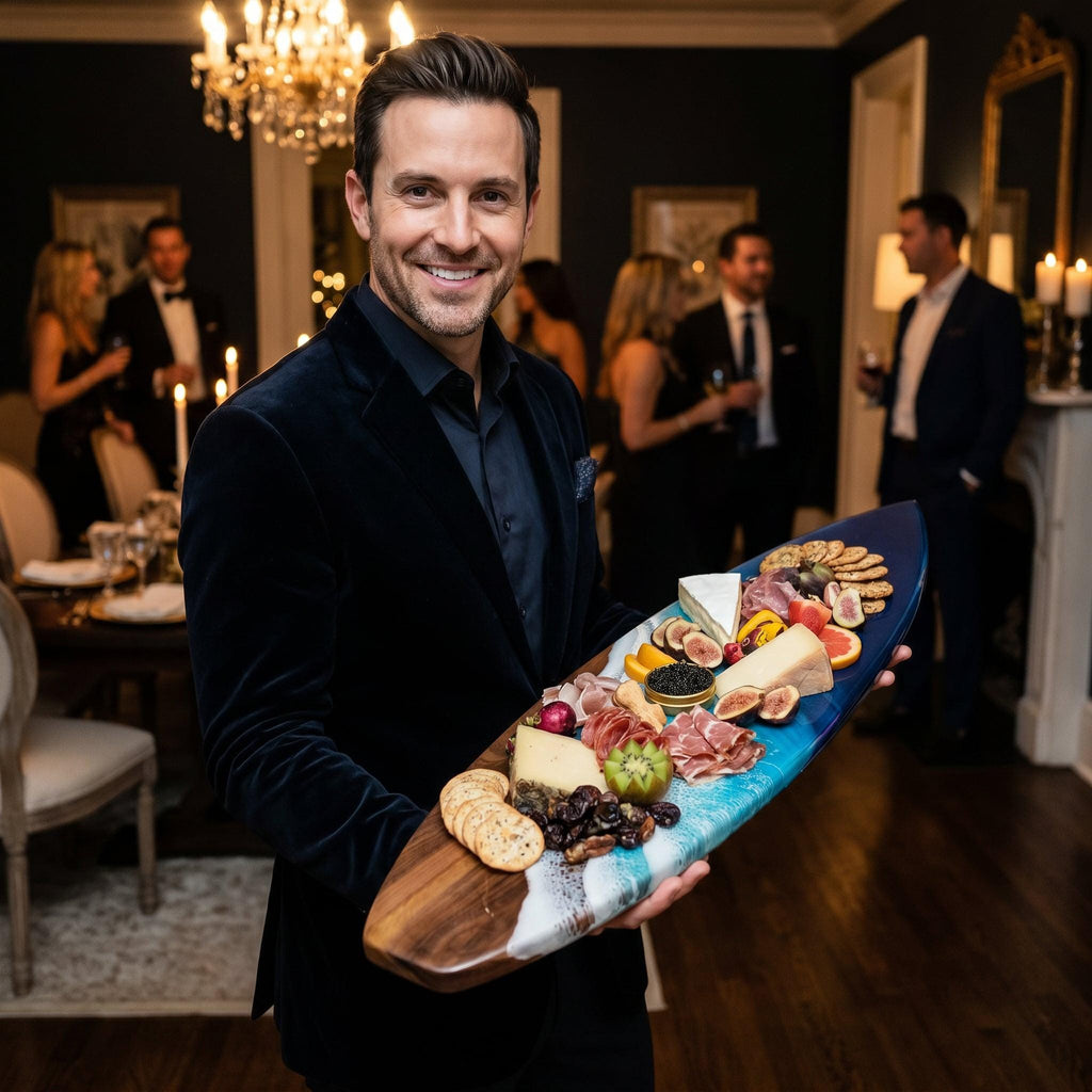 A surfboard-shaped serving board made of dark wood with a blue and white resin ocean-inspired design, holding an assortment of crackers, various cheeses, sliced meats, fresh figs, kiwi slices, and a small bowl of black caviar.