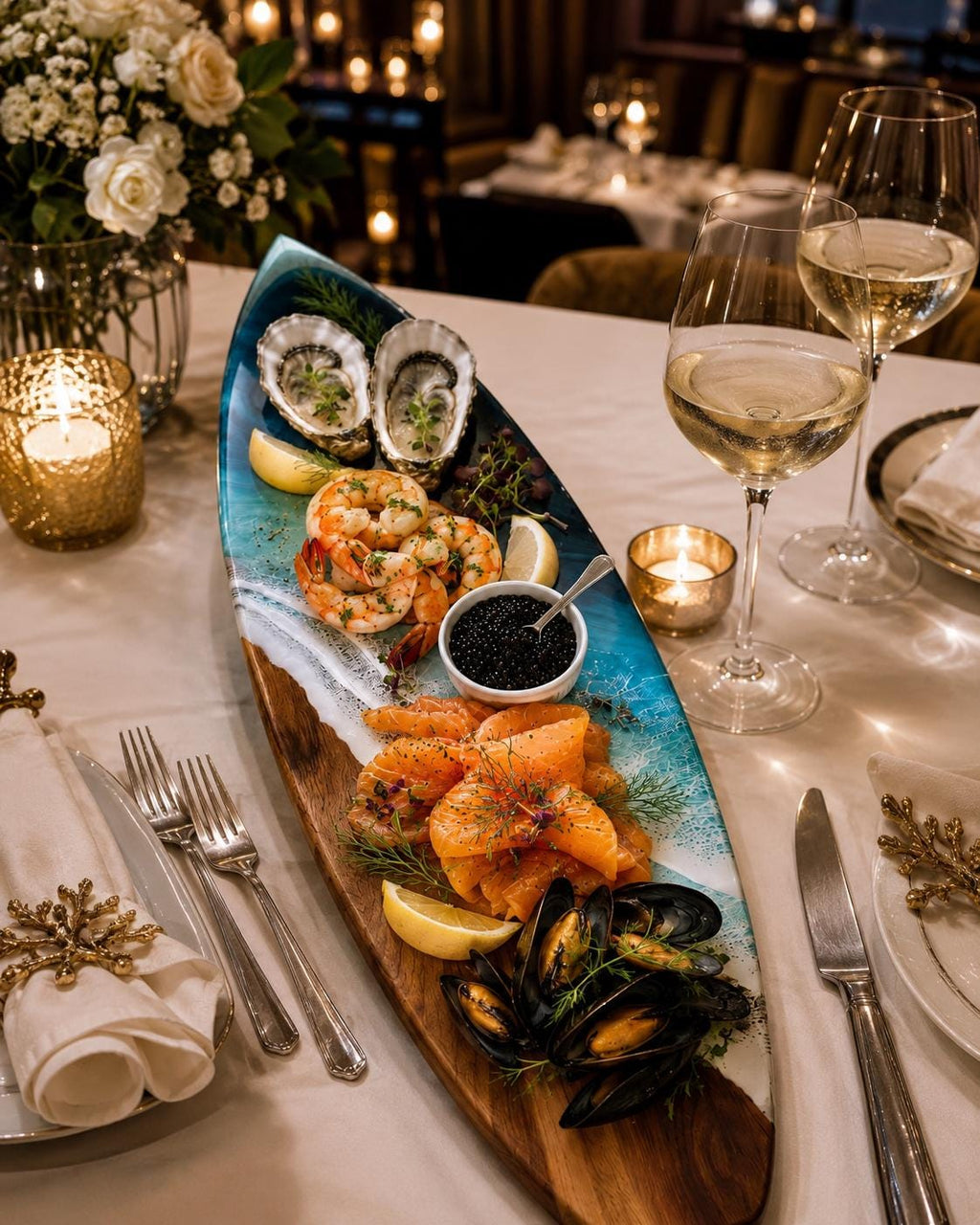 Ocean Resin Serving Board, Walnut Charcuterie Cheese Board, Surfboard Tray, Coastal Luxury Serveware, Housewarming Gift
