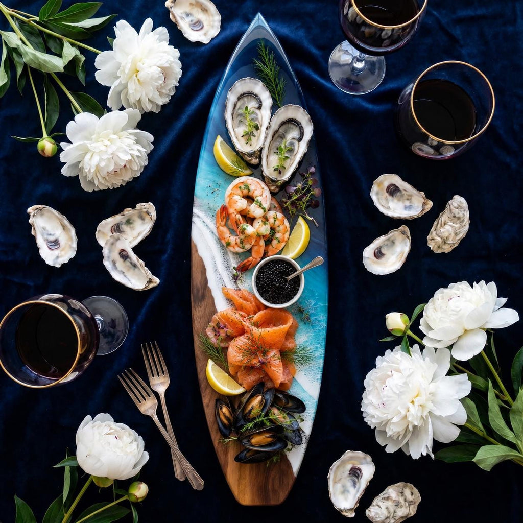 Ocean Resin Serving Board, Walnut Charcuterie Cheese Board, Surfboard Tray, Coastal Luxury Serveware, Housewarming Gift