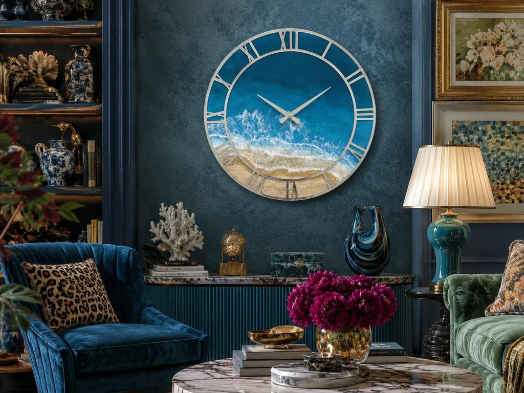 A large circular wall clock featuring a beach scene with blue ocean waves crashing onto a sandy shore. The clock has a silver frame with large Roman numerals and two thin silver hands centered over the painted seascape design.