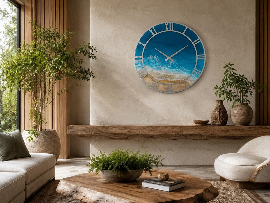A round wall clock featuring a blue ocean wave design with white foam and a sandy beach shore. The clock has a silver frame, silver hands, and large white Roman numerals positioned around the perimeter of the circular face.