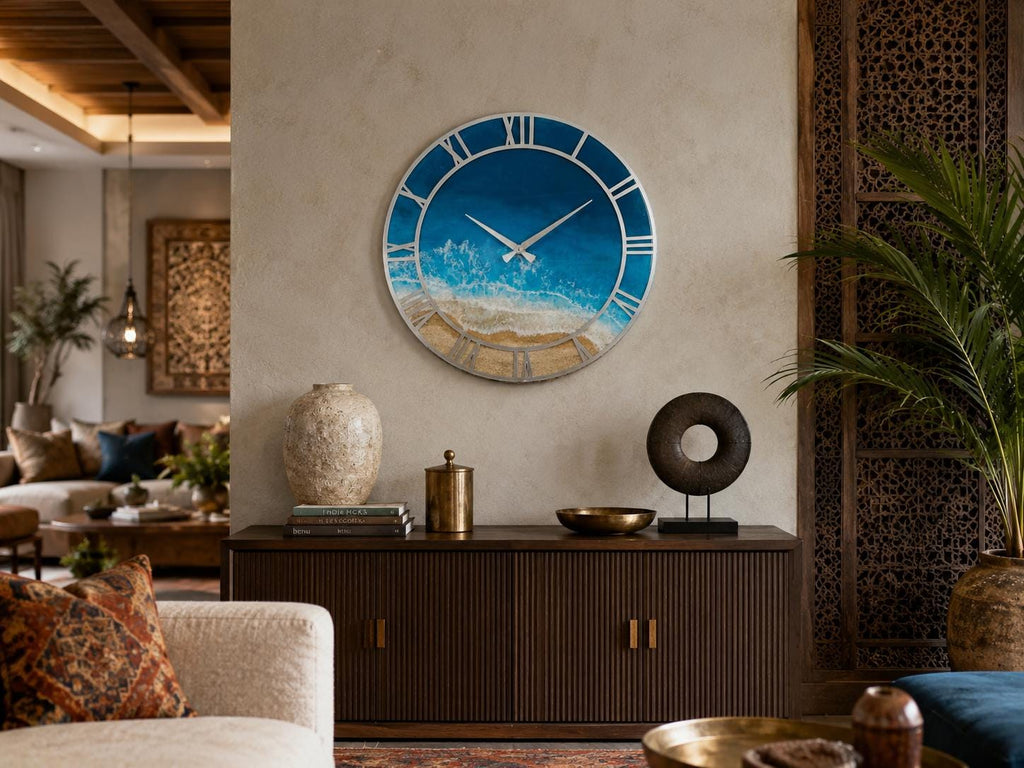 A round wall clock featuring a coastal ocean scene with blue water, white sea foam, and a sandy beach. The clock has a silver frame, silver Roman numerals, and silver hands centered on the face, depicting a serene beach landscape.