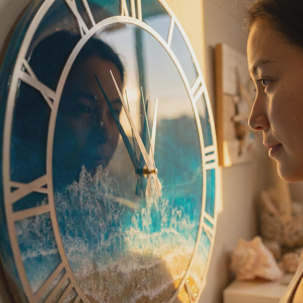 A round wall clock featuring a resin ocean scene with blue waves crashing onto a sandy beach. The clock face has a silver frame with Roman numerals and thin silver hands. The surface is reflective, showing a clear mirror-like finish.
