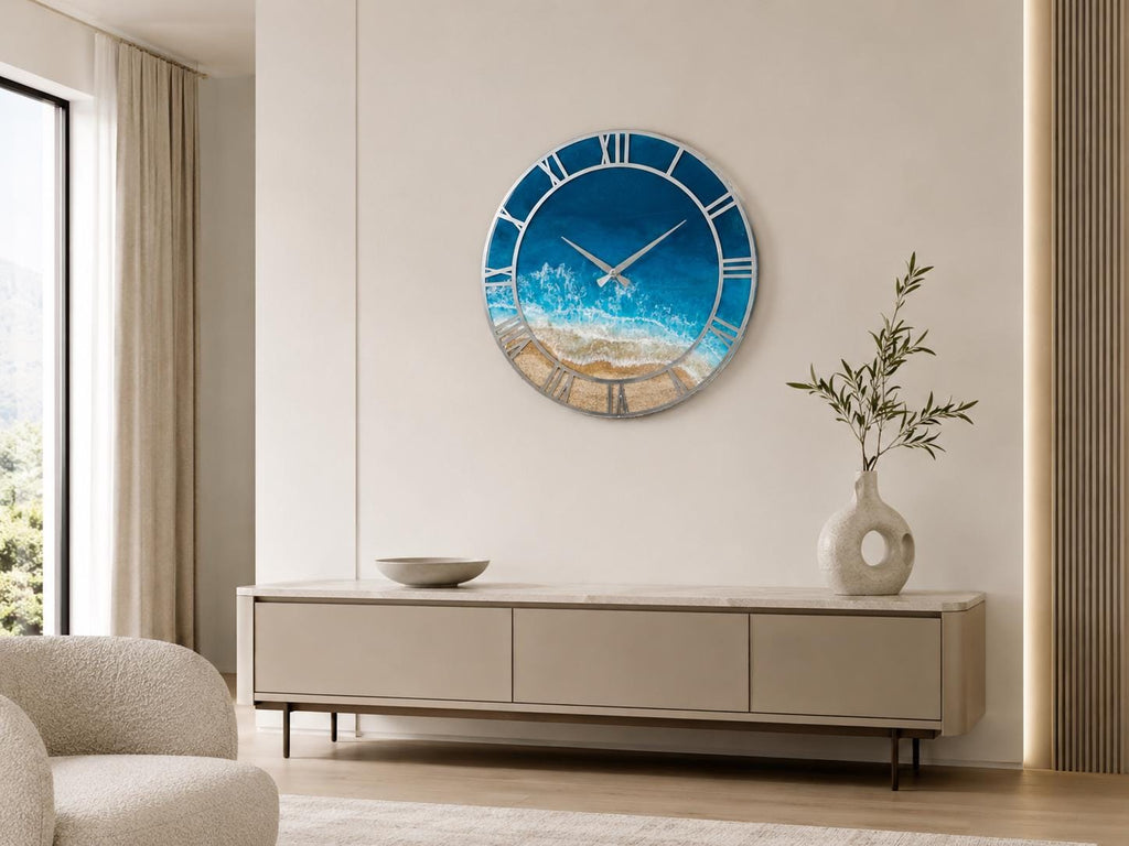 Personalized Ocean Resin Wall Clock, Custom Name Beach Clock, Coastal Wall Decor, Epoxy Sea Clock, Silver Roman Numeral Wall Clock