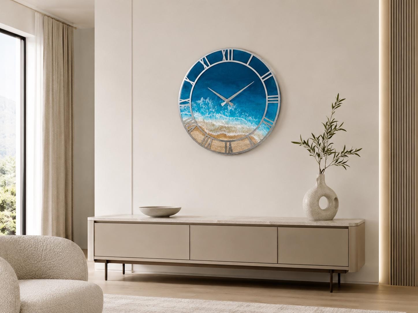 Personalized Ocean Resin Wall Clock, Custom Name Beach Clock, Coastal Wall Decor, Epoxy Sea Clock, Silver Roman Numeral Wall Clock