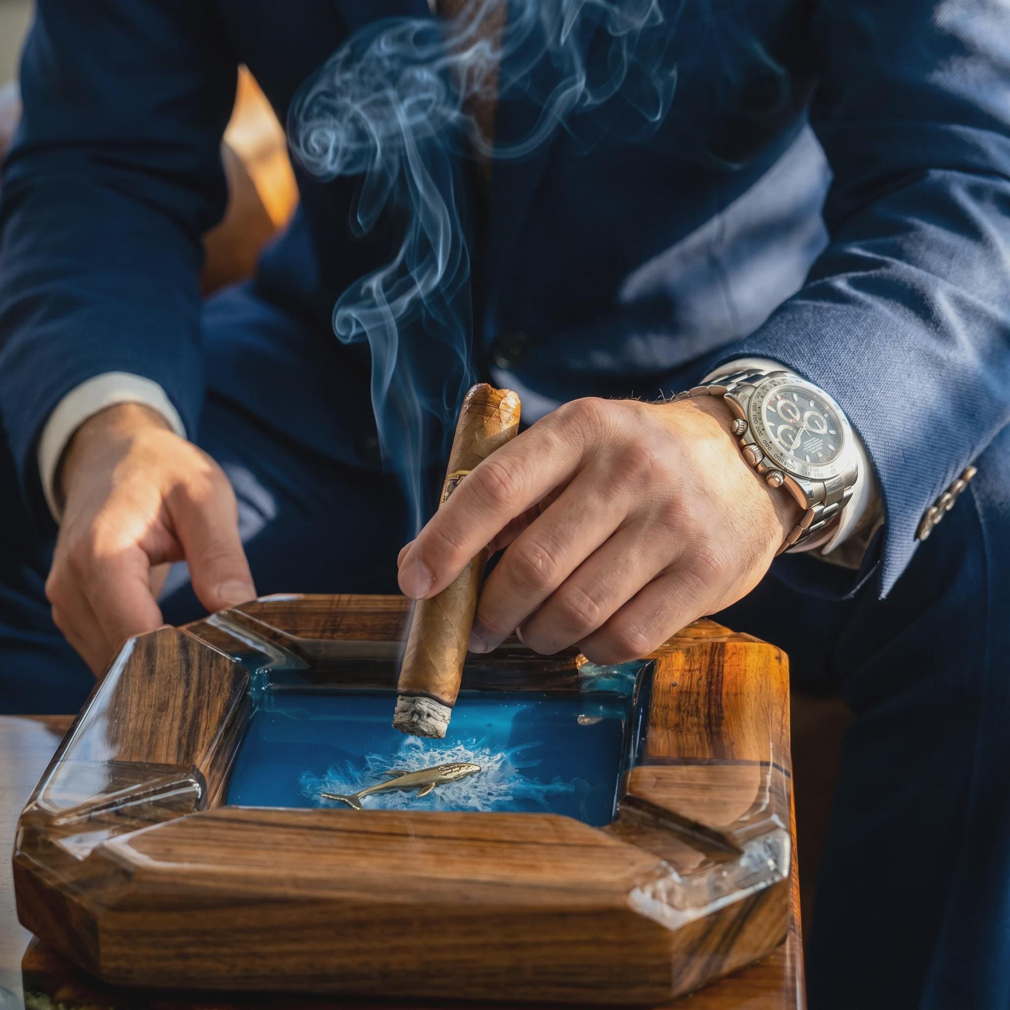 A square wooden ashtray featuring a deep blue resin center with a small metallic whale figure embedded inside. The ashtray has a polished natural wood frame with angled corners and a smooth finish, designed for holding a lit cigar.