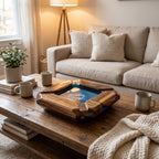 A square wooden tray featuring a central blue resin inlay with a small embedded fish figure. The tray has a polished natural wood grain finish with beveled edges and a deep, smooth center section, resting on a rustic wooden coffee table.
