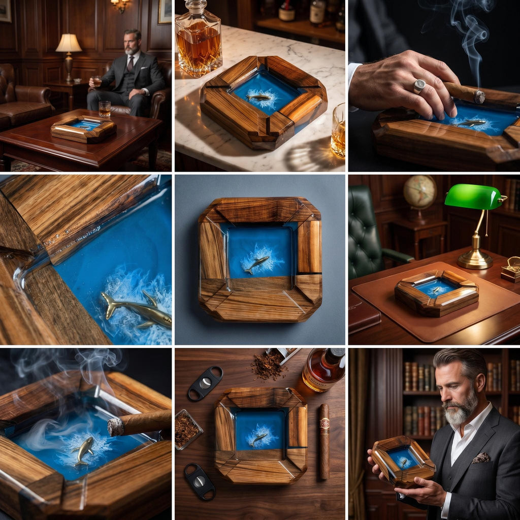 A square wooden cigar ashtray featuring a central blue resin inlay with a three-dimensional shark figure submerged in the center. The natural wood grain frame surrounds the deep blue pool, designed with four integrated cigar rests.