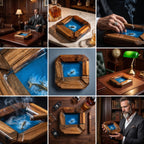 A square wooden cigar ashtray featuring a central blue resin inlay with a three-dimensional shark figure submerged in the center. The natural wood grain frame surrounds the deep blue pool, designed with four integrated cigar rests.