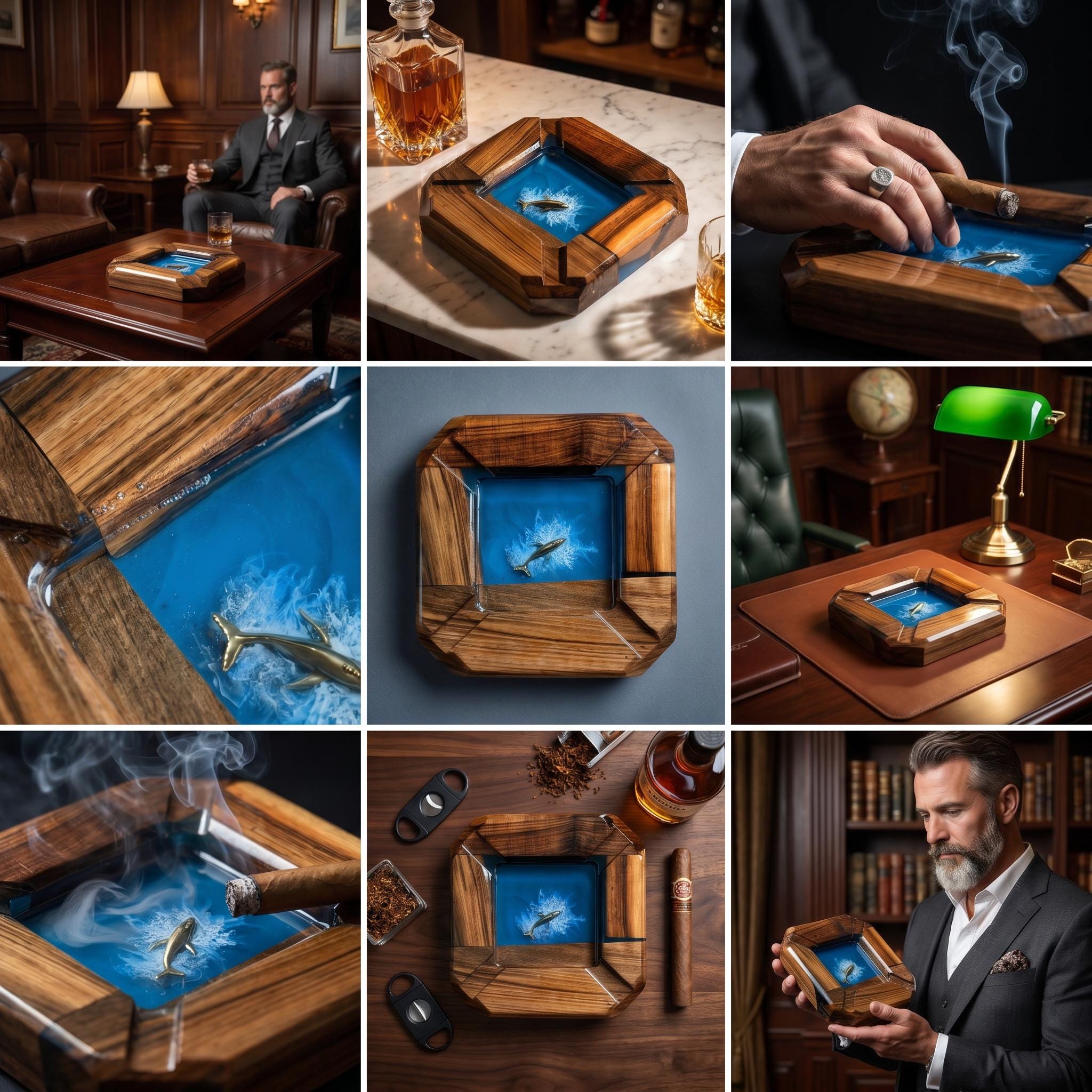 A square wooden cigar ashtray featuring a central blue resin inlay with a three-dimensional shark figure submerged in the center. The natural wood grain frame surrounds the deep blue pool, designed with four integrated cigar rests.