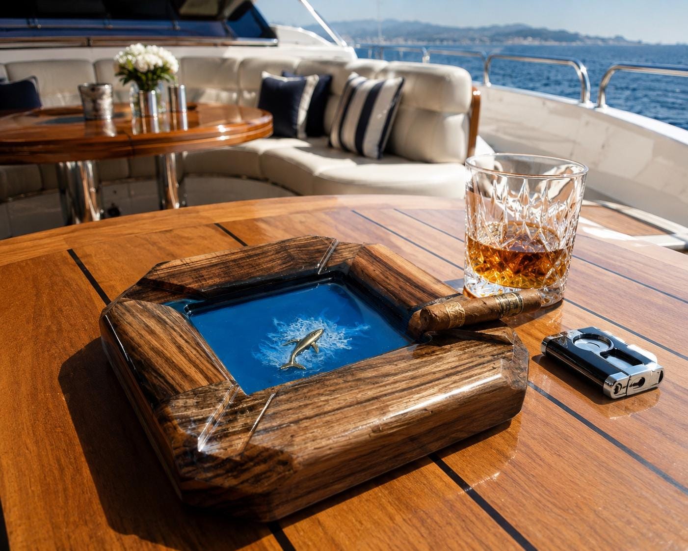 Luxury Cigar Ashtray, One of a Kind Walnut Wood & Ocean Resin Ashtray, Personalized Custom Logo, Gift for Cigar Lover
