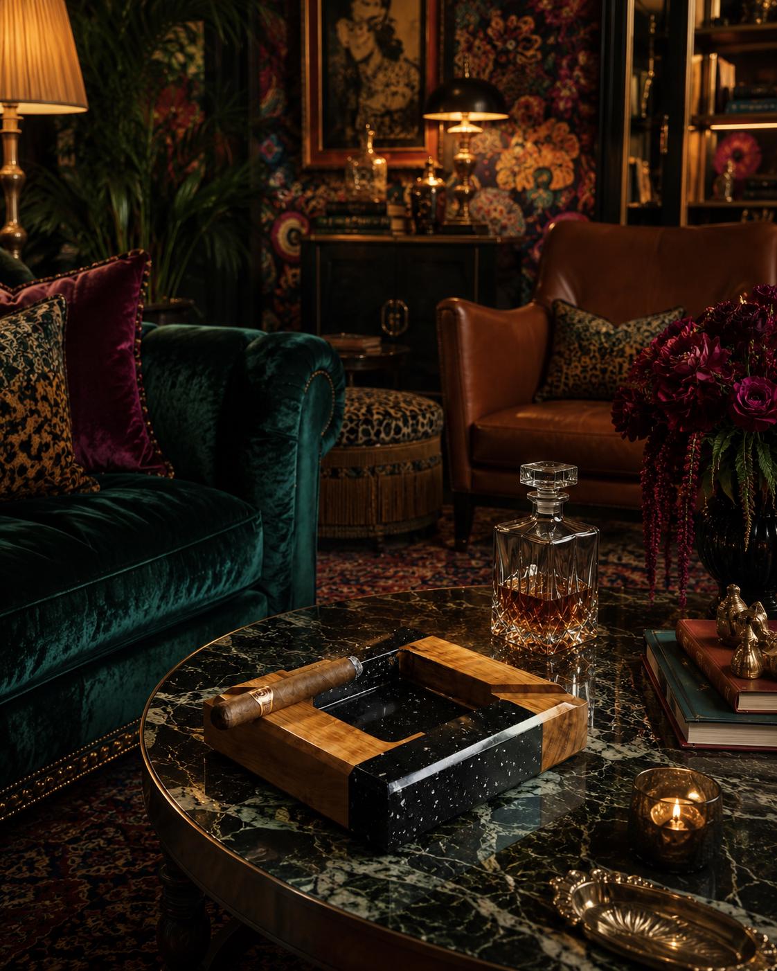 A square cigar ashtray featuring a combination of light brown wood and a black speckled resin insert. The ashtray has a wide wooden rim with a dedicated groove for resting a cigar, and it is placed on a dark green marble table.